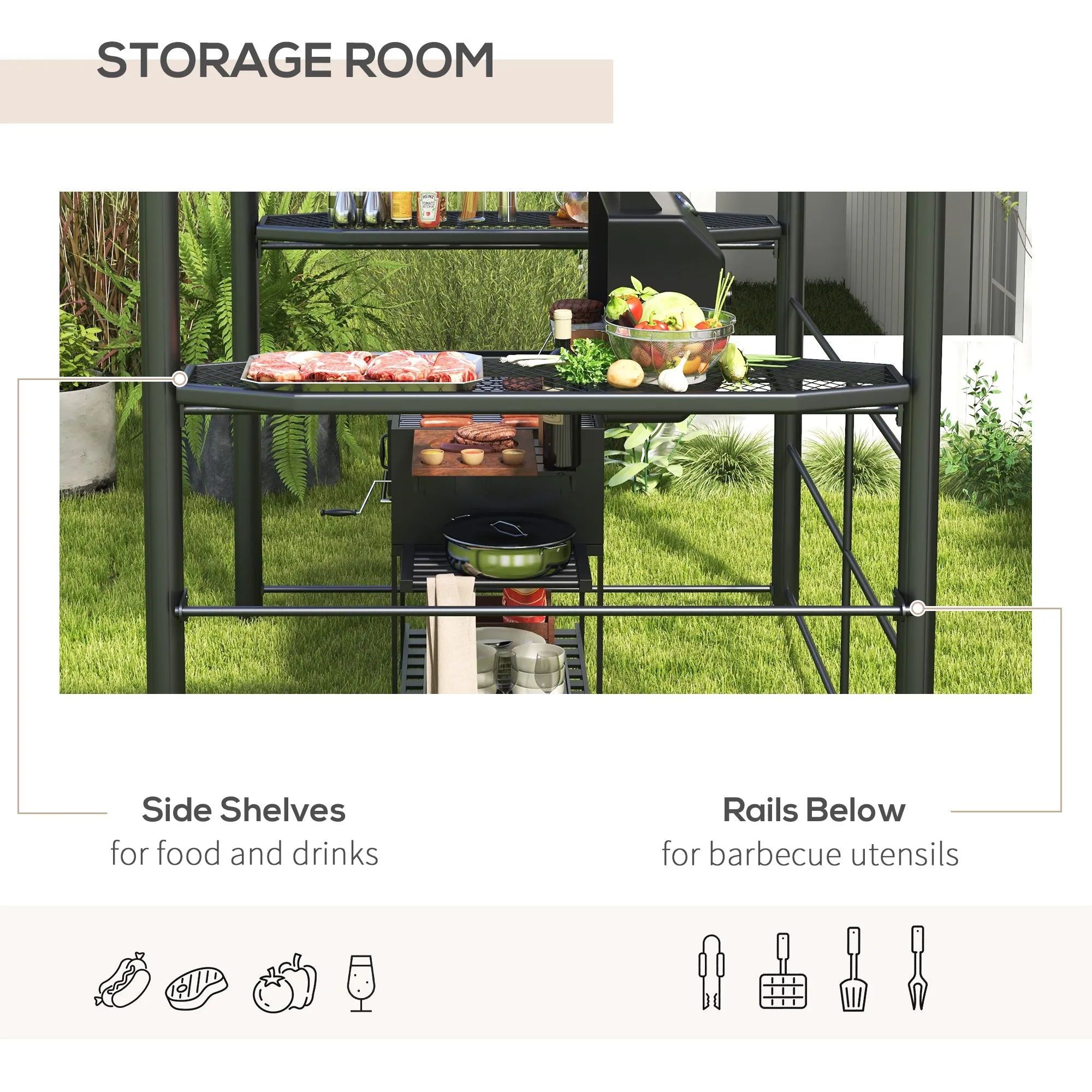 2.4 x 1.5m Outdoor Grill Gazebo with Side Shelves, PC Board Roof, Grey