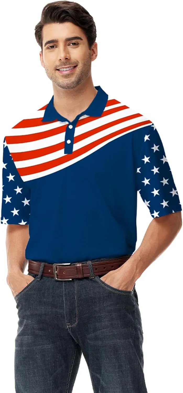 AOBUTE Mens Patriotic Polo July 4th Golf Shirts American Flag Activewear Tops