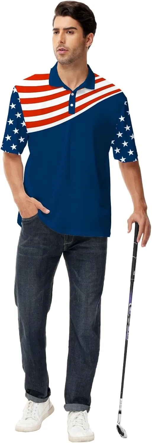 AOBUTE Mens Patriotic Polo July 4th Golf Shirts American Flag Activewear Tops
