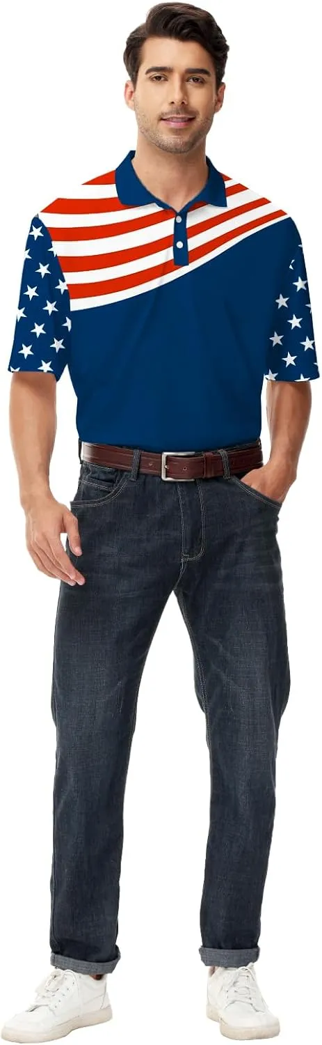 AOBUTE Mens Patriotic Polo July 4th Golf Shirts American Flag Activewear Tops