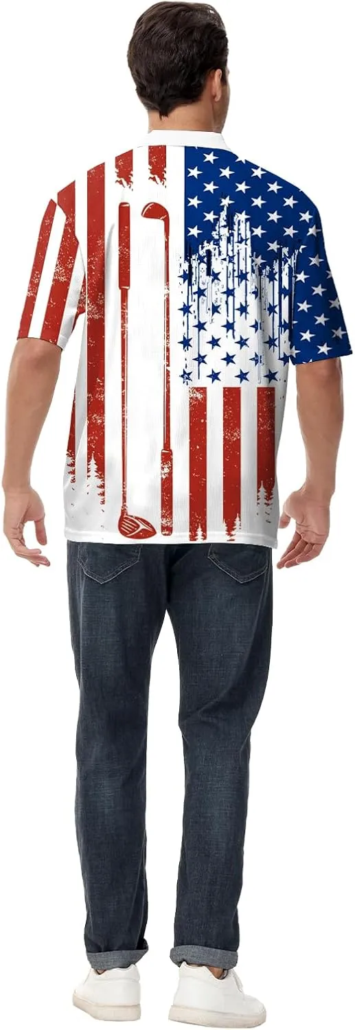 AOBUTE Mens Patriotic Polo July 4th Golf Shirts American Flag Activewear Tops