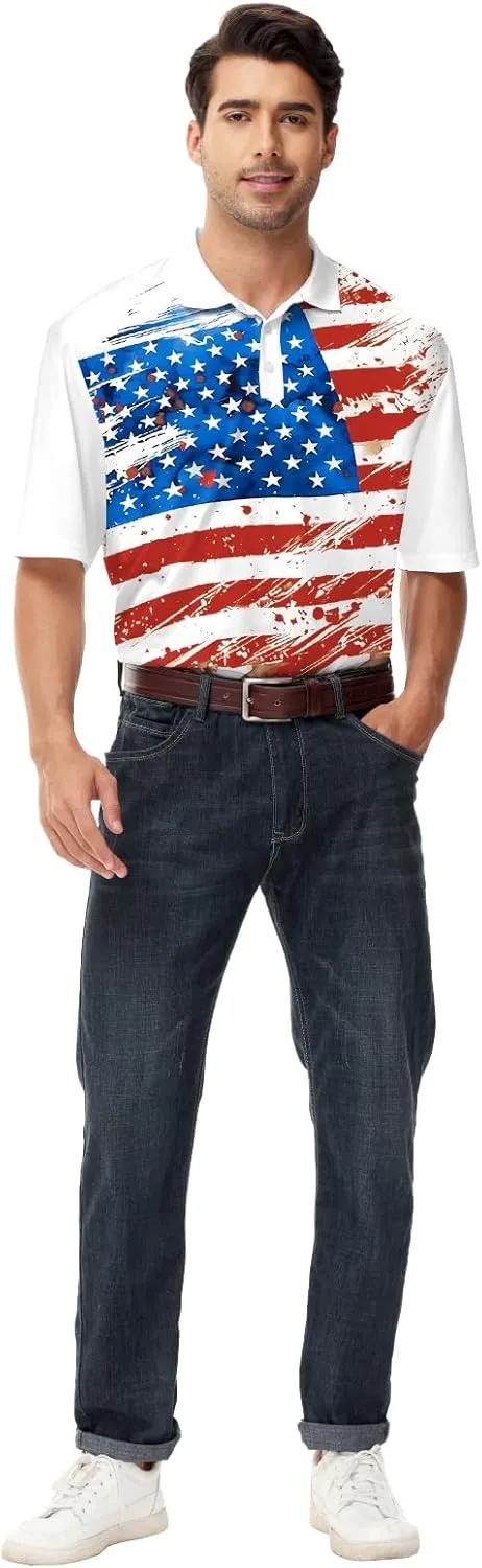 AOBUTE Mens Patriotic Polo July 4th Golf Shirts American Flag Activewear Tops