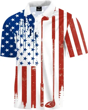 AOBUTE Mens Patriotic Polo July 4th Golf Shirts American Flag Activewear Tops