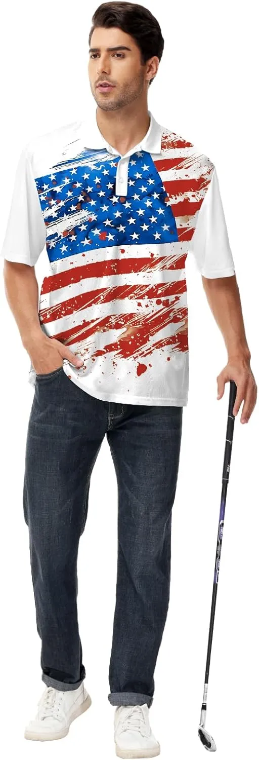 AOBUTE Mens Patriotic Polo July 4th Golf Shirts American Flag Activewear Tops