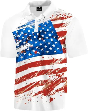 AOBUTE Mens Patriotic Polo July 4th Golf Shirts American Flag Activewear Tops