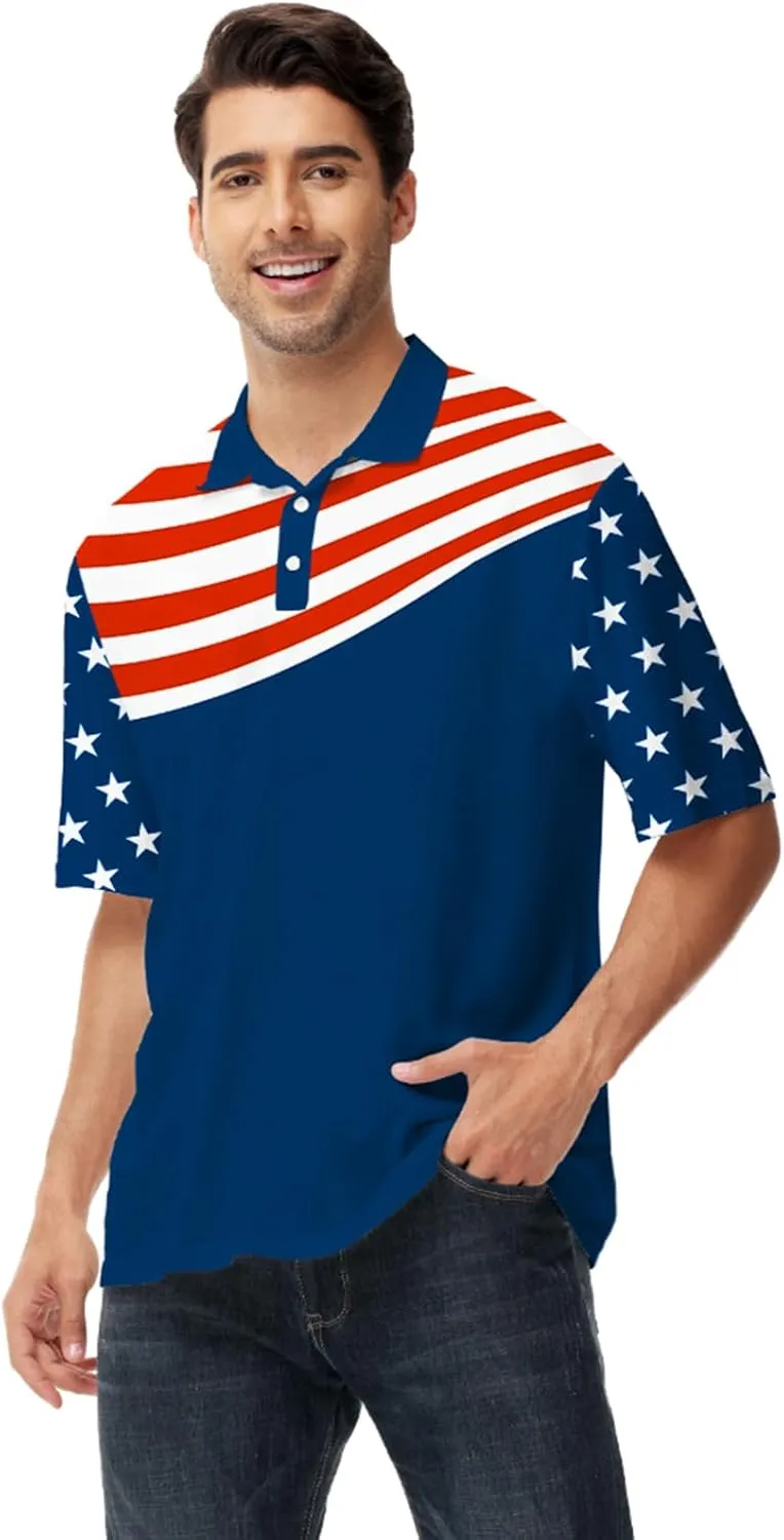 AOBUTE Mens Patriotic Polo July 4th Golf Shirts American Flag Activewear Tops