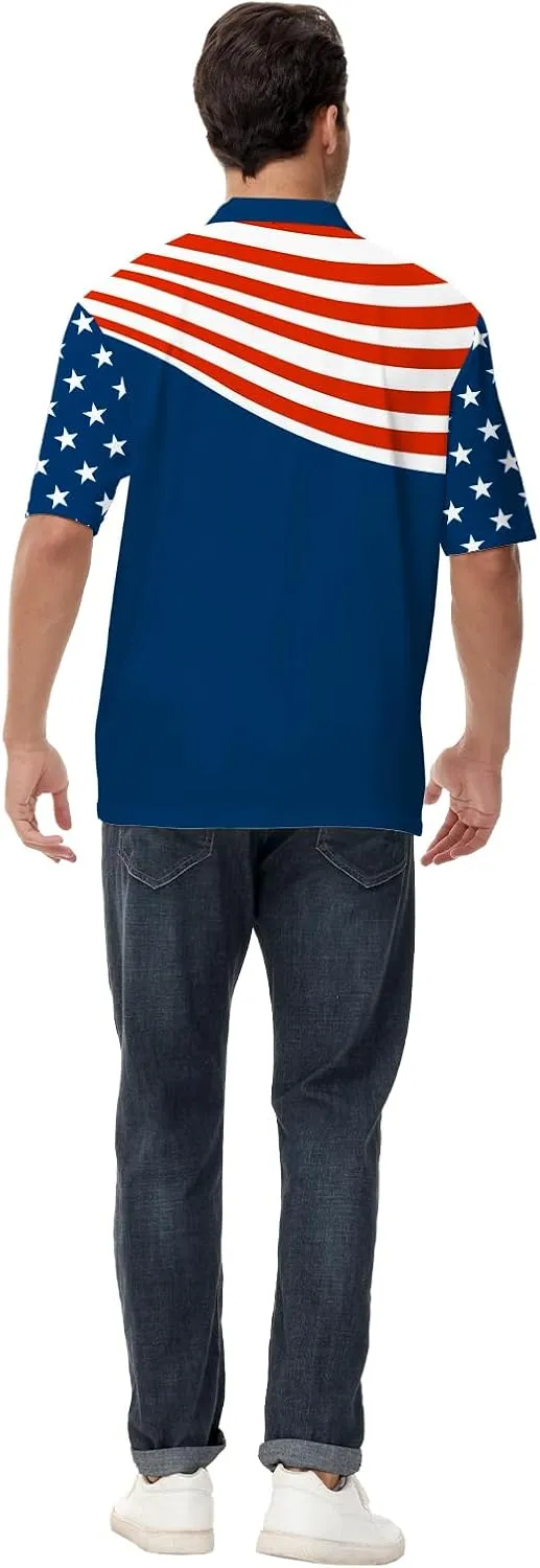AOBUTE Mens Patriotic Polo July 4th Golf Shirts American Flag Activewear Tops