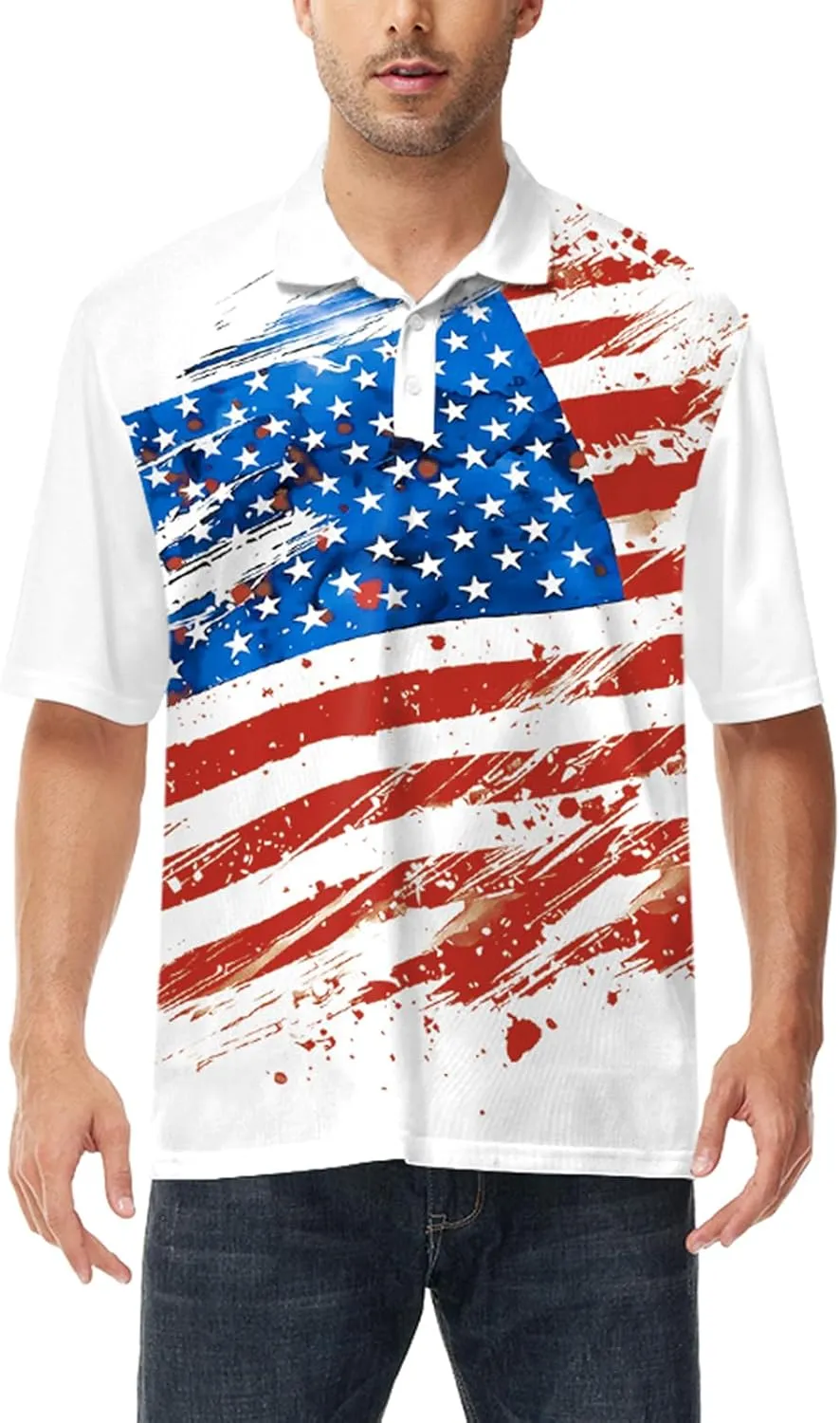 AOBUTE Mens Patriotic Polo July 4th Golf Shirts American Flag Activewear Tops