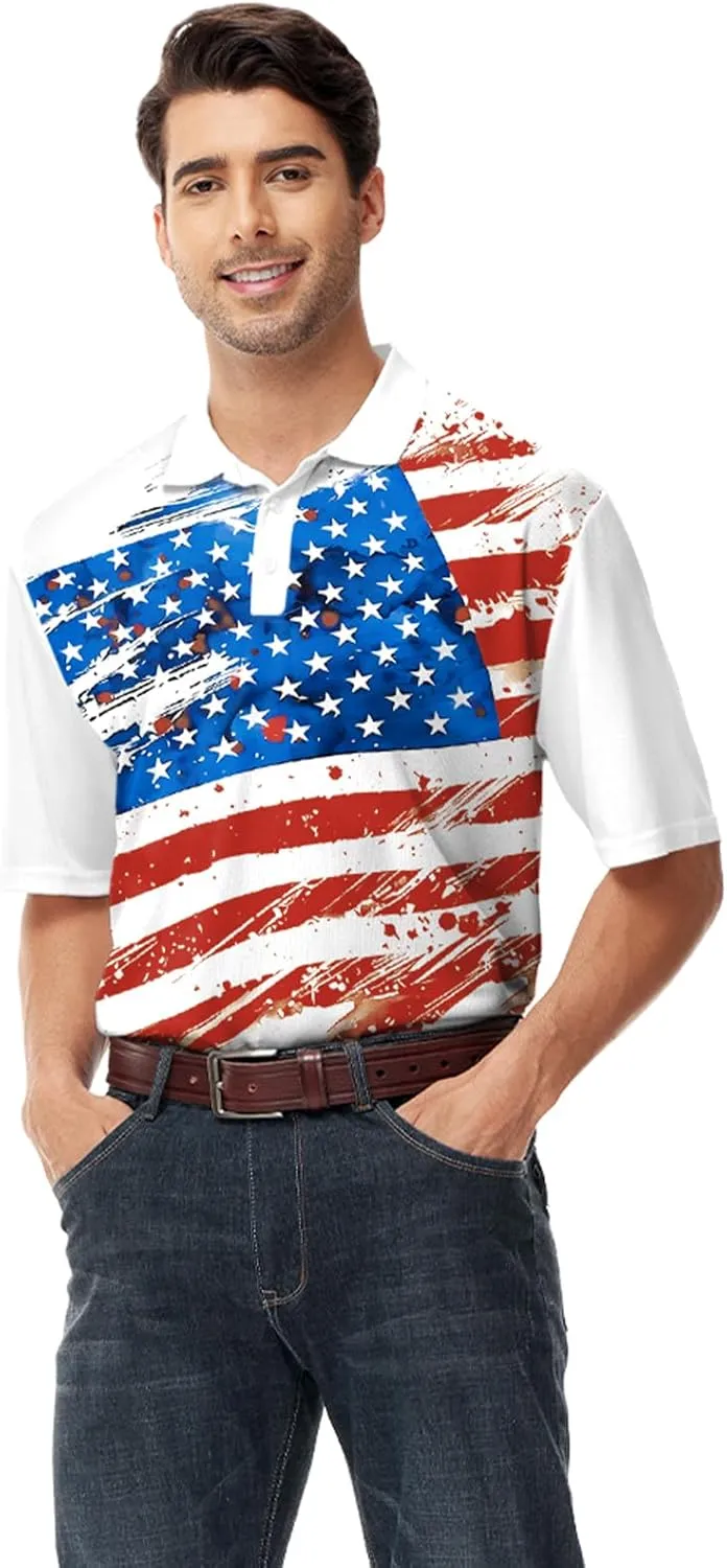 AOBUTE Mens Patriotic Polo July 4th Golf Shirts American Flag Activewear Tops