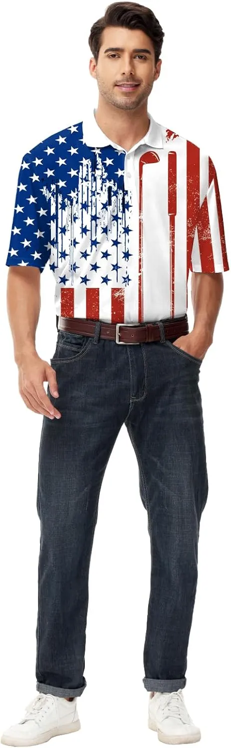AOBUTE Mens Patriotic Polo July 4th Golf Shirts American Flag Activewear Tops