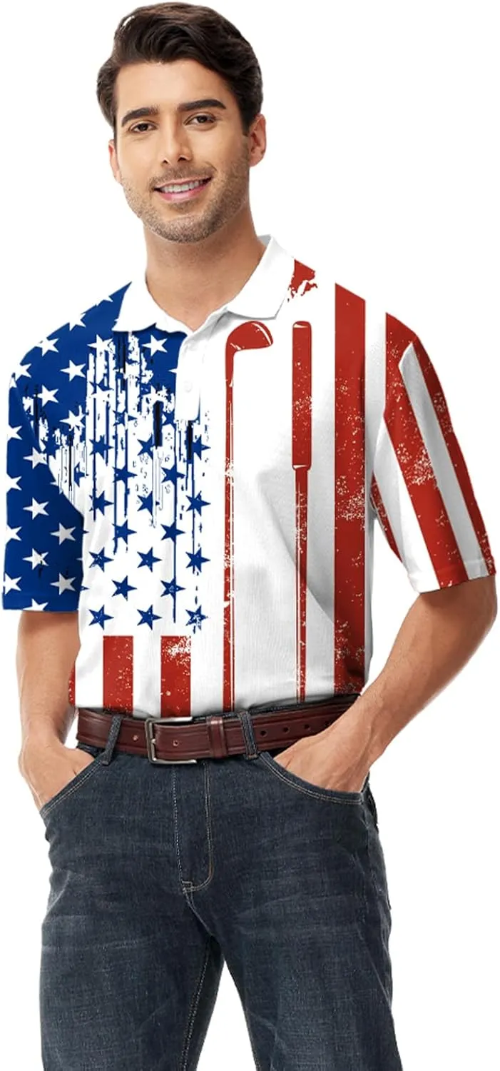 AOBUTE Mens Patriotic Polo July 4th Golf Shirts American Flag Activewear Tops