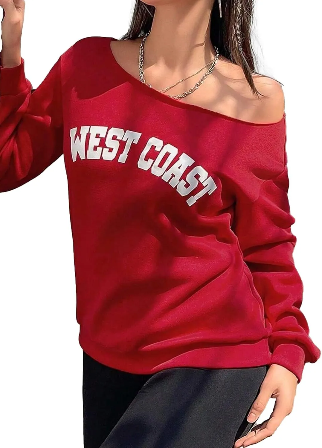 Avanova Women West Coast Graphic Off Shoulder Sweatshirt Boat Neck Long Sleeve Oversized Pullover Shirt