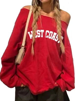 Avanova Women West Coast Graphic Off Shoulder Sweatshirt Boat Neck Long Sleeve Oversized Pullover Shirt