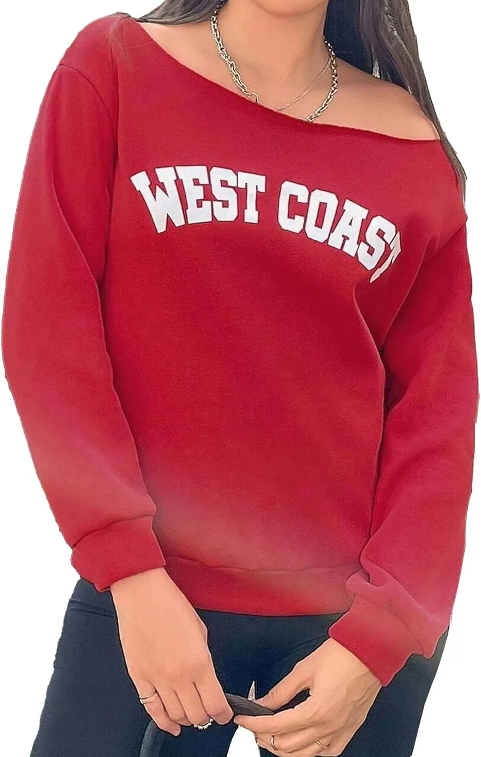 Avanova Women West Coast Graphic Off Shoulder Sweatshirt Boat Neck Long Sleeve Oversized Pullover Shirt