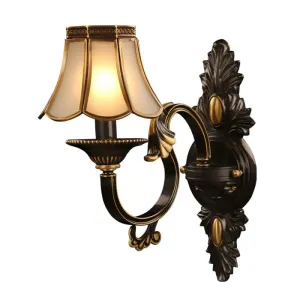 Countryside Ivory Glass Scalloped Bedroom Wall Lamp - 1 Light, Black Wall Mount