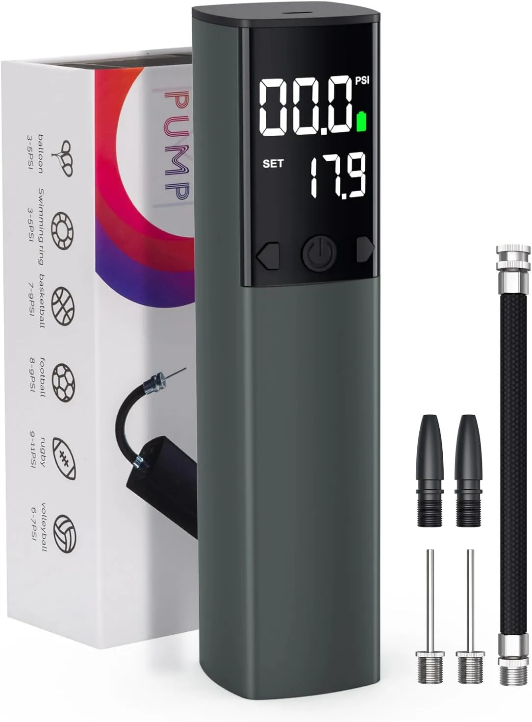 Electric Ball Pump - Portable Air Pump with LED Light, Precise Pressure Gauge and Digital LCD Display for Basketball, Soccer Ball, Volleyball, Football, Fast Inflation of Sports Ball (Max 18 PSI)