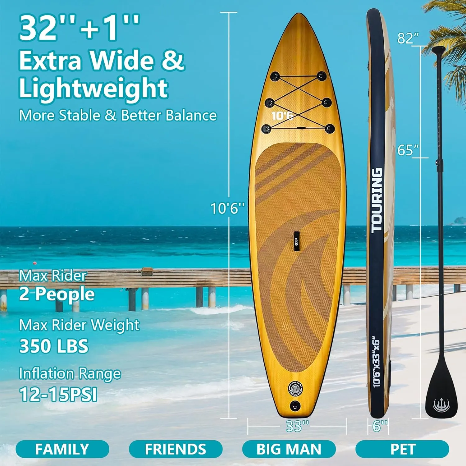 Extra Wide Inflatable Stand Up Paddle Board, 10 Ft 6 in with Premium Sup Paddle Board, Removable Fins, Backpack, Floating Paddle, Safety Leash, Floating Phone Case for Adults & Youth