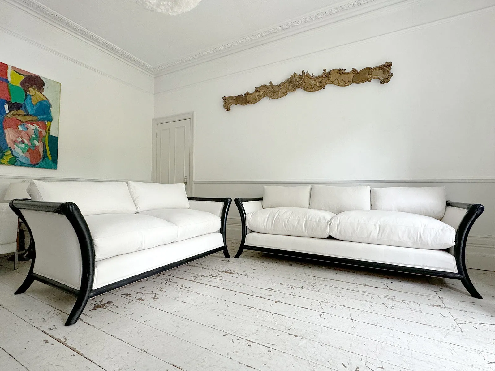 Matching Napoleon III Ebonised Sabre Legged Sofas - Two Seat