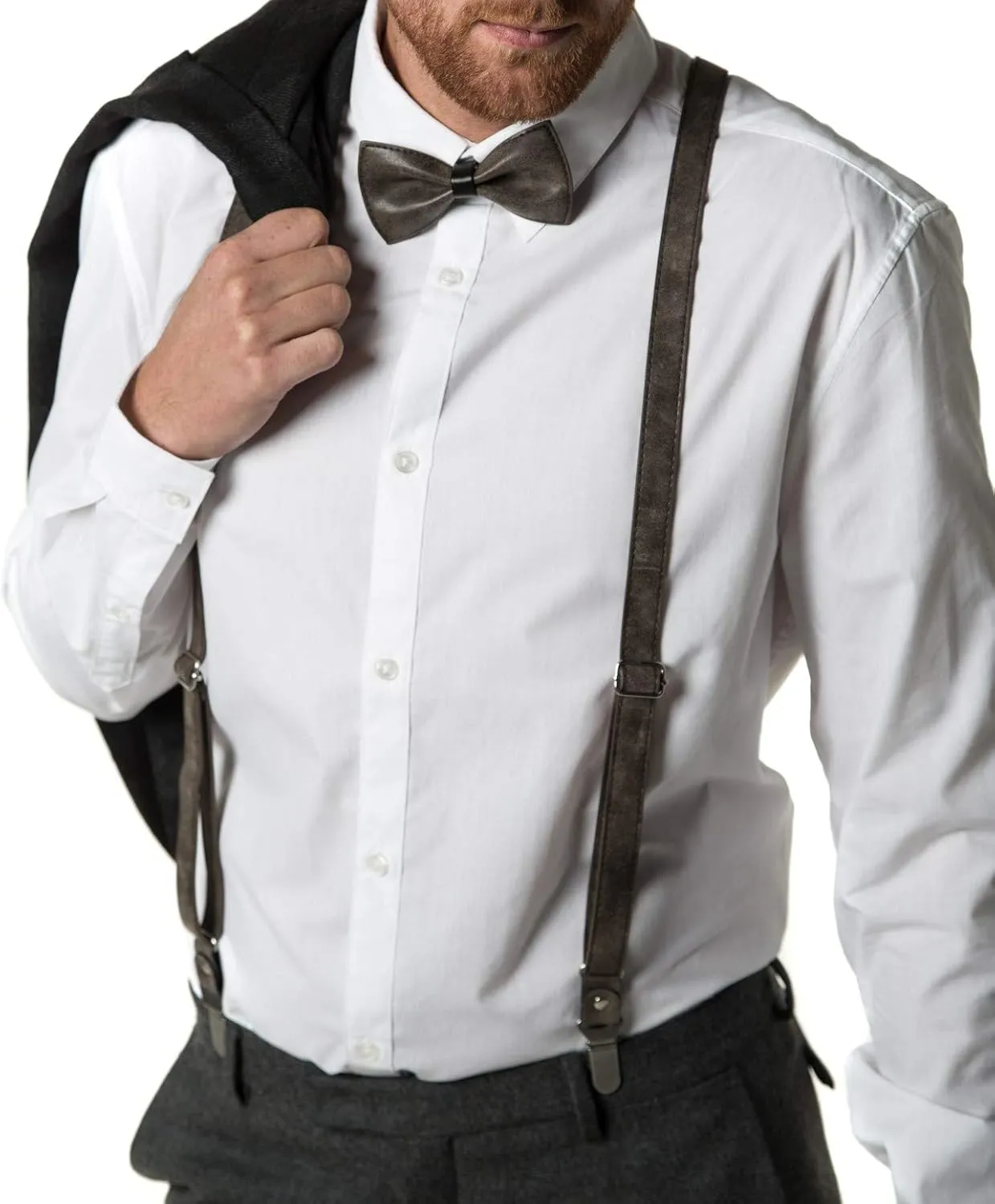 Mio Marino adjustable KLOOPE Leather Suspenders for Men - Fashion Y Back Bowtie Suspender Set
