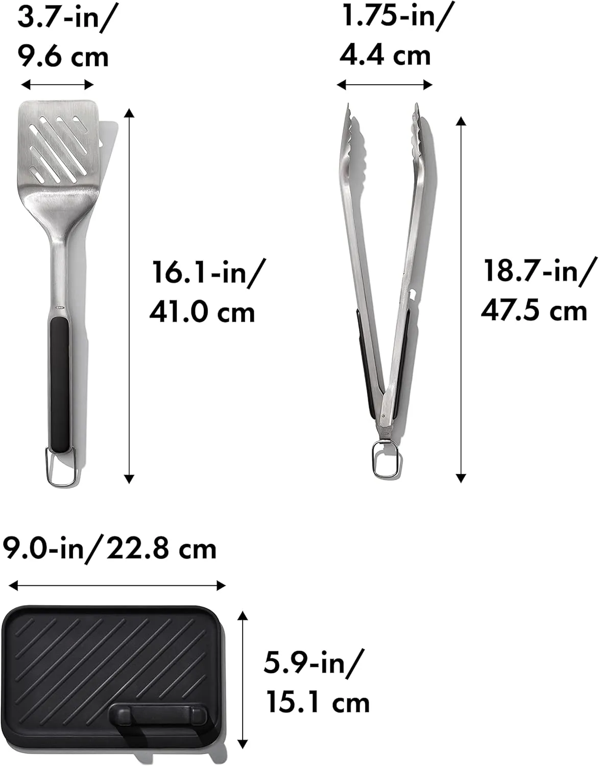 OXO Good Grips Grilling, 3pc Set - Tongs, Turner and Tool Rest, Black