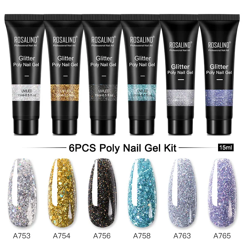 ROSALIND 6PCS Poly Nail Gel Kit 15ml Nail Extension Full Manicure Poly UV Gel Set For Nails Tool Kit