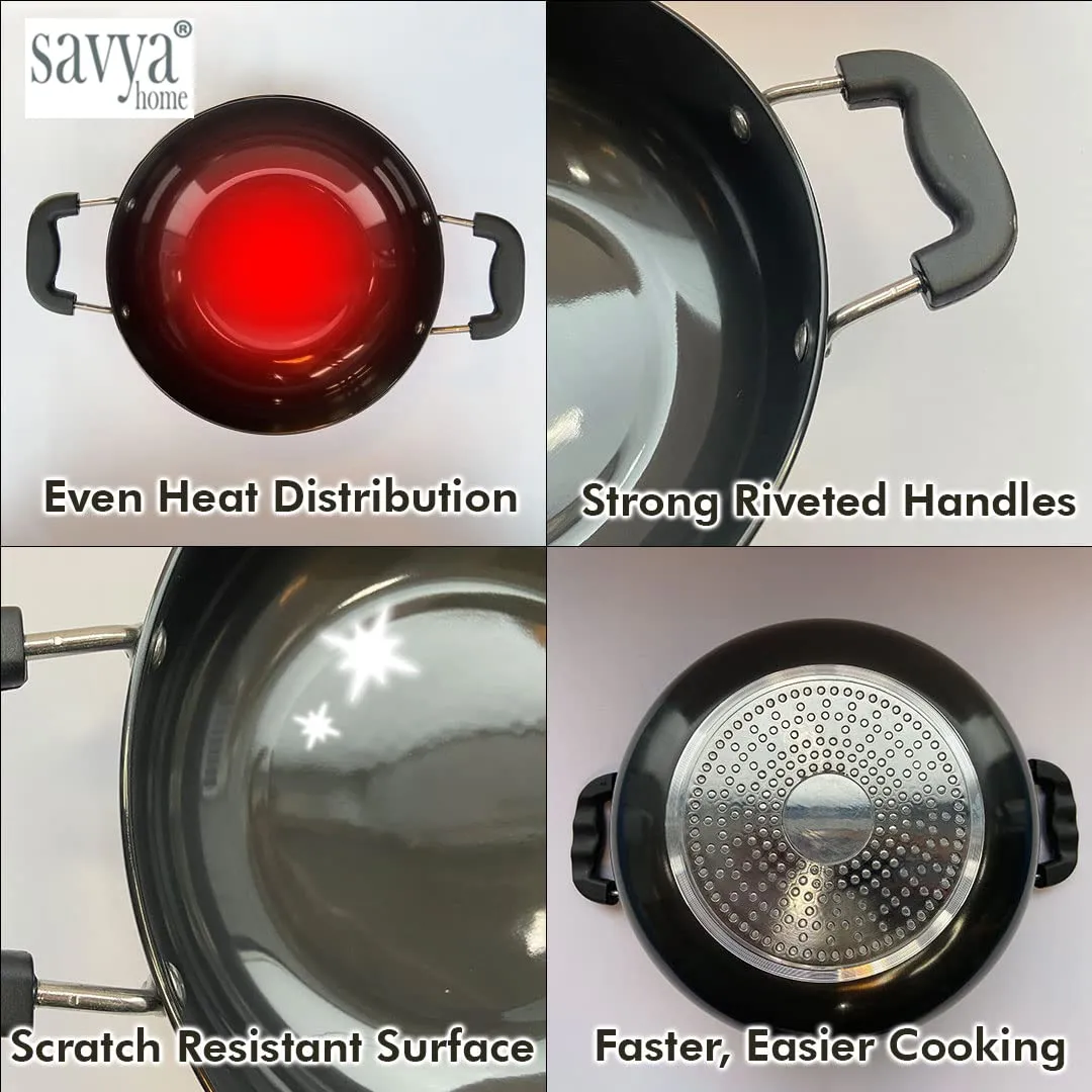 SAVYA HOME Hard Anodised Aluminium Kadai with Lid for Cooking | 26 cm Diameter | Gas & Induction Cookware | Black