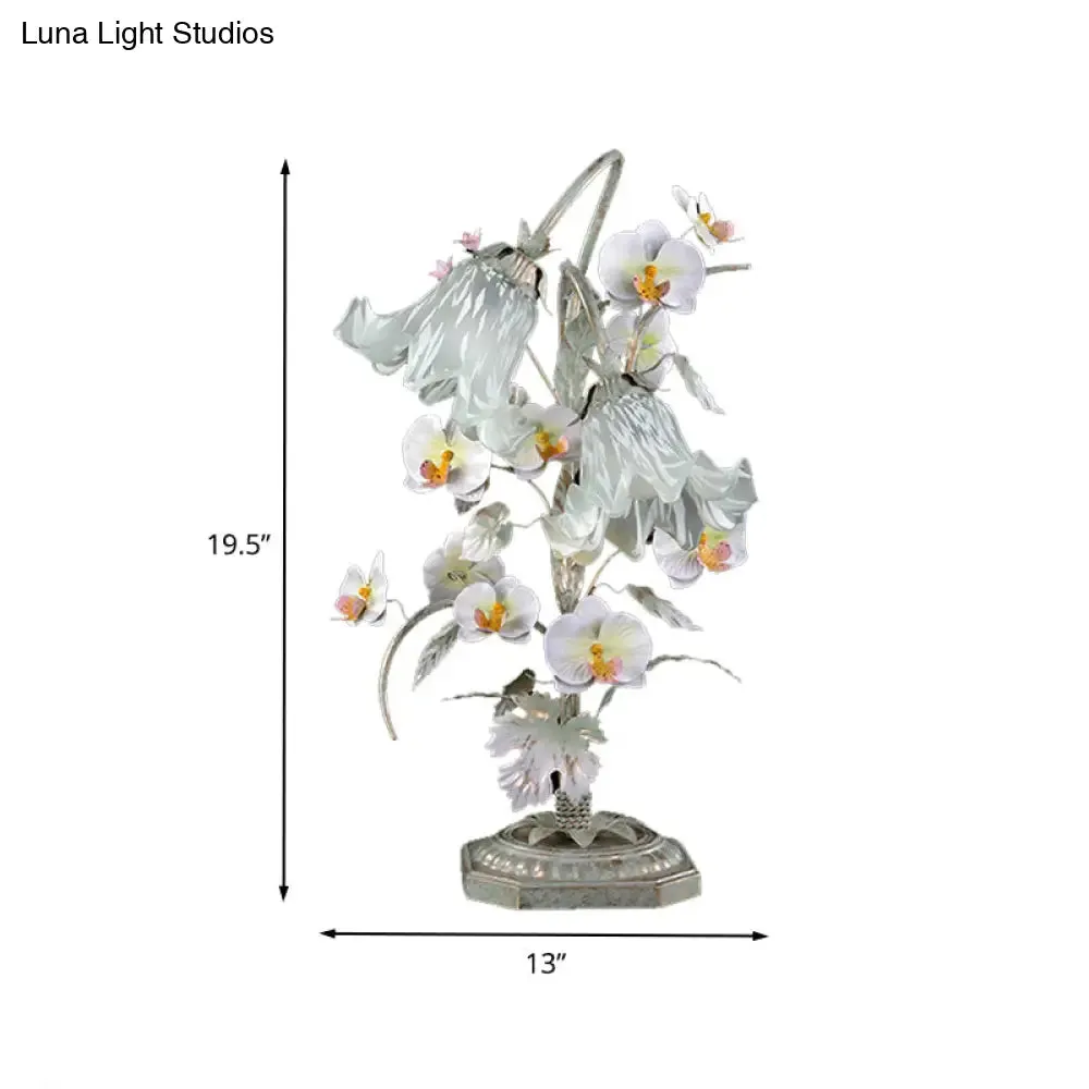 Silver Metal Flower Night Table Lamp - Countryside Nightstand Lighting for Living Room (2 Bulbs)