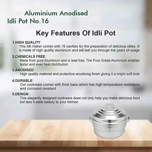 Subaa Anodised(Hindalium) Aluminium Idli Maker/Non-Whistling Traditional Idli Cooker/Idlipot/Idli Steamer Cooking 16 Idlis Size 16, White Color, LPG Stove Compatible Only- 3 Idly Plate