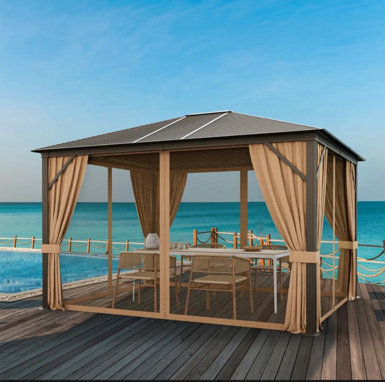 Super Duty Elegant Patio Outdoor Hardtop Gazebo Canopy With Galvanized Steel Top & Netting 12x10ft | 8.5ft High | All Season | Brown