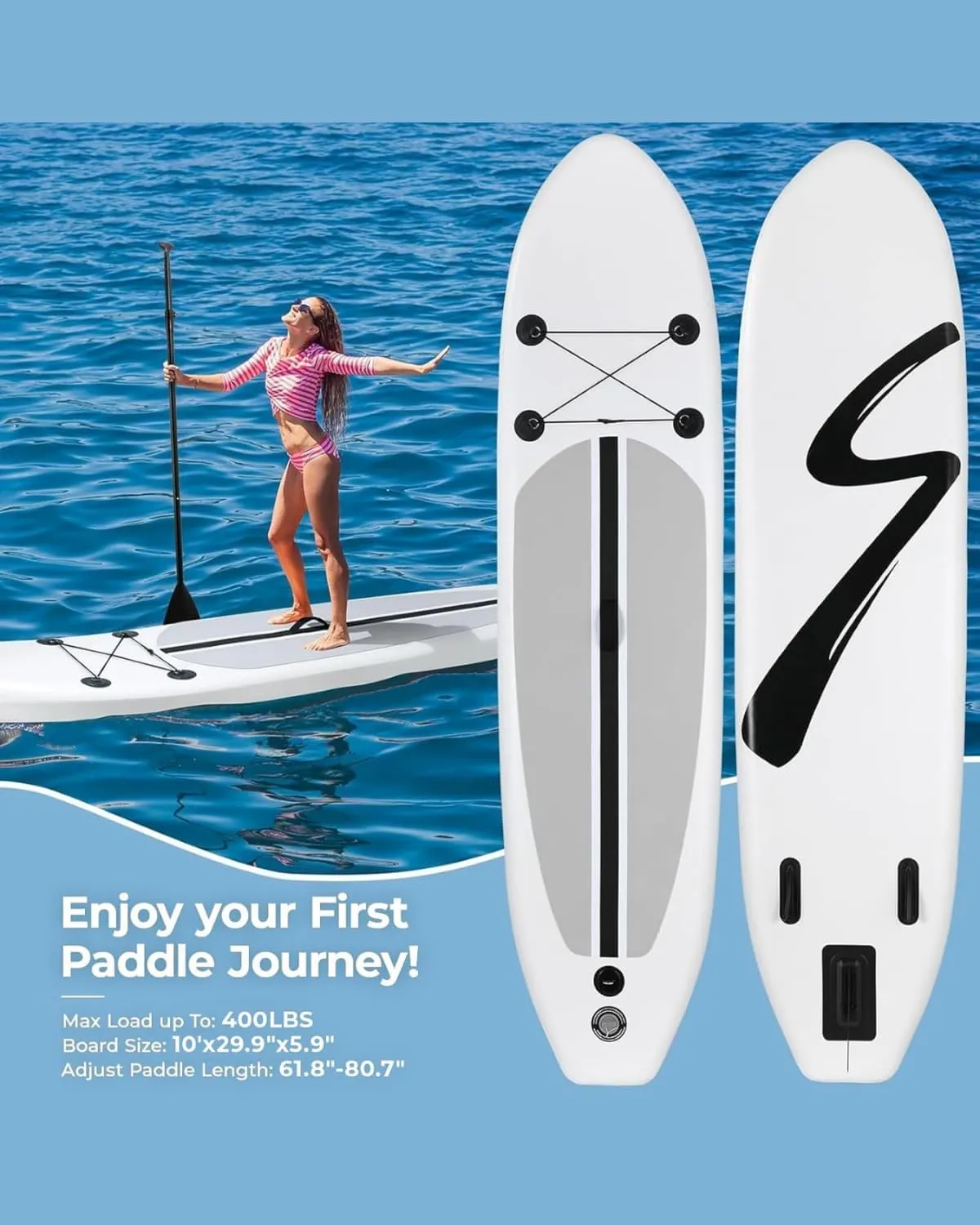 TLSUNNY 10FT Inflatable Stand Up Paddle Board, 3 Fins Paddleboard with Full SUP Accessories for All Skill Levels, Portable Two-Way Hand Pump and Carry Bag, 400LBS