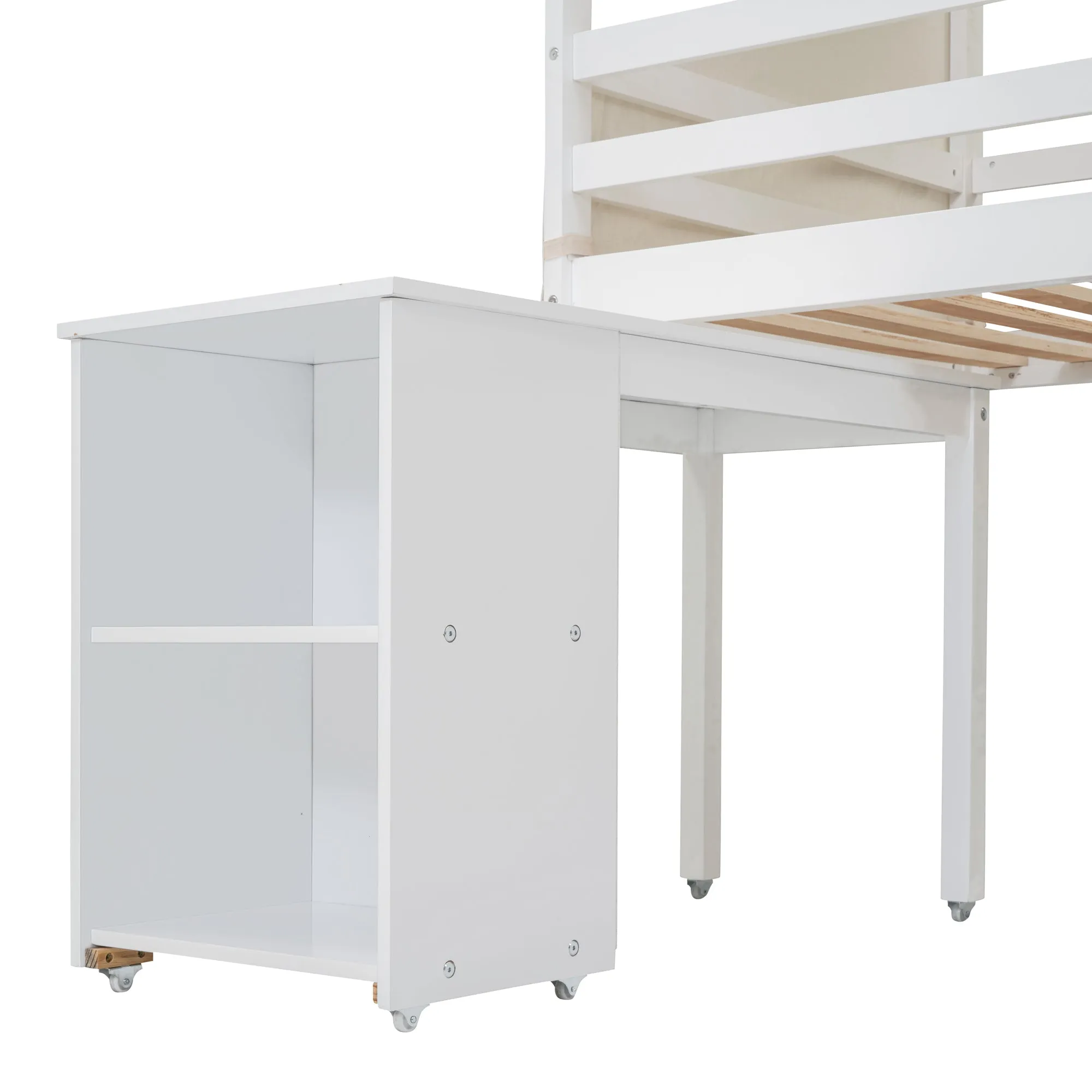 Twin Size Loft Bed with Rolling Cabinet, Shelf and Tent - White