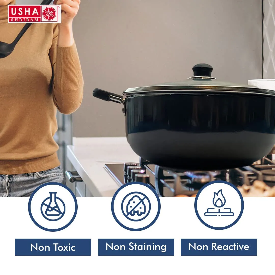 USHA SHRIRAM Non Stick Aluminium Kadai with Lid (4.4L) & Spatula Set (5Pcs) For Cooking | Hard Anodized Non Stick Kadai|Deep Base Frying Kadhai |Bakelite Handle For Cool Grip| Gas & Induction Cookware