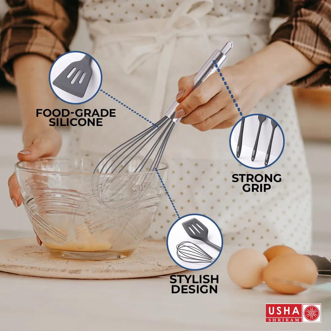 USHA SHRIRAM Non Stick Aluminium Kadai with Lid (4.4L) & Spatula Set (5Pcs) For Cooking | Hard Anodized Non Stick Kadai|Deep Base Frying Kadhai |Bakelite Handle For Cool Grip| Gas & Induction Cookware