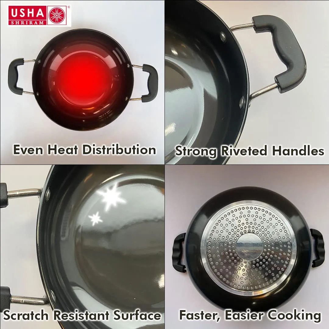 USHA SHRIRAM Non Stick Aluminium Kadai with Lid (4.4L) & Spatula Set (5Pcs) For Cooking | Hard Anodized Non Stick Kadai|Deep Base Frying Kadhai |Bakelite Handle For Cool Grip| Gas & Induction Cookware