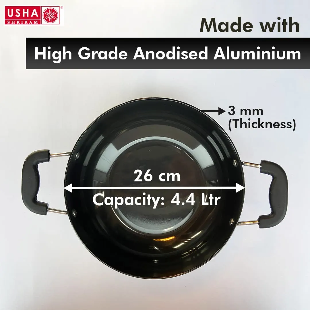 USHA SHRIRAM Non Stick Aluminium Kadai with Lid (4.4L) & Spatula Set (5Pcs) For Cooking | Hard Anodized Non Stick Kadai|Deep Base Frying Kadhai |Bakelite Handle For Cool Grip| Gas & Induction Cookware