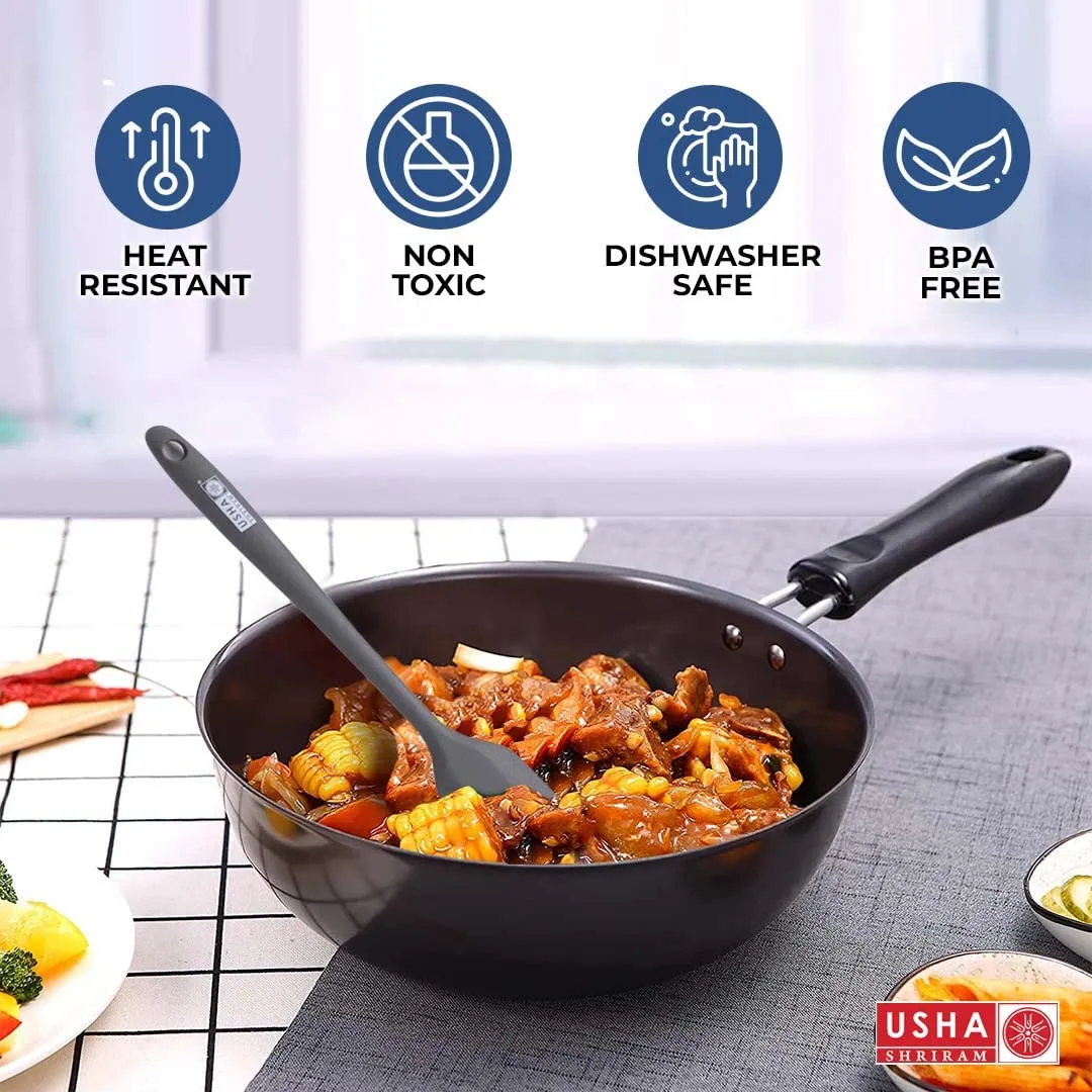 USHA SHRIRAM Non Stick Aluminium Kadai with Lid (4.4L) & Spatula Set (5Pcs) For Cooking | Hard Anodized Non Stick Kadai|Deep Base Frying Kadhai |Bakelite Handle For Cool Grip| Gas & Induction Cookware