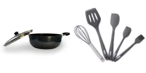 USHA SHRIRAM Non Stick Aluminium Kadai with Lid (4.4L) & Spatula Set (5Pcs) For Cooking | Hard Anodized Non Stick Kadai|Deep Base Frying Kadhai |Bakelite Handle For Cool Grip| Gas & Induction Cookware