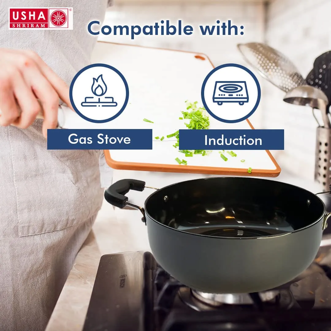 USHA SHRIRAM Non Stick Aluminium Kadai with Lid (4.4L) & Spatula Set (5Pcs) For Cooking | Hard Anodized Non Stick Kadai|Deep Base Frying Kadhai |Bakelite Handle For Cool Grip| Gas & Induction Cookware