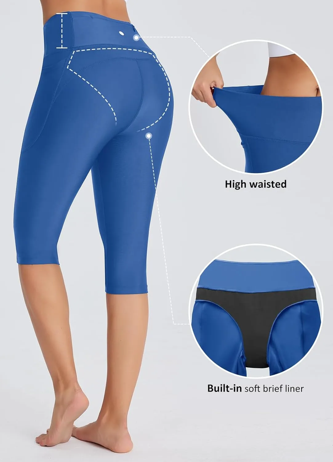 Women's 14" Plus Size Knee Length Tankini Swim Shorts High Waisted Capri Leggings Swimsuits with Liner UPF50 