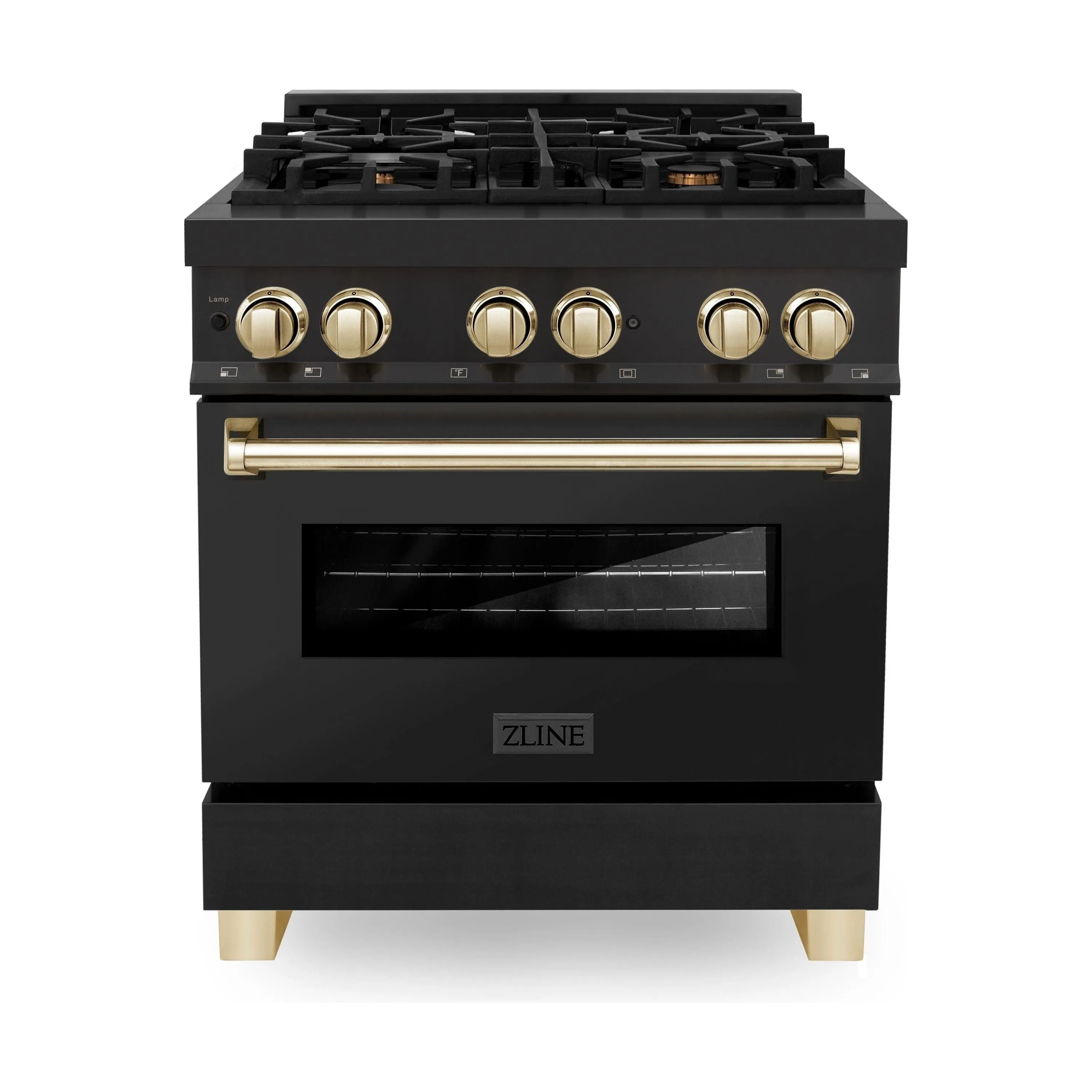 ZLINE Autograph Package - 30 In. Dual Fuel Range, Range Hood in Black Stainless Steel with Gold Accents, 2AKP-RABRH30-G